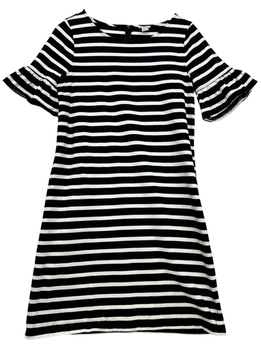 J.Crew Womens Back Zip Shift Dress Ruffle Sleeve Stretch Sz M Black White Stripe